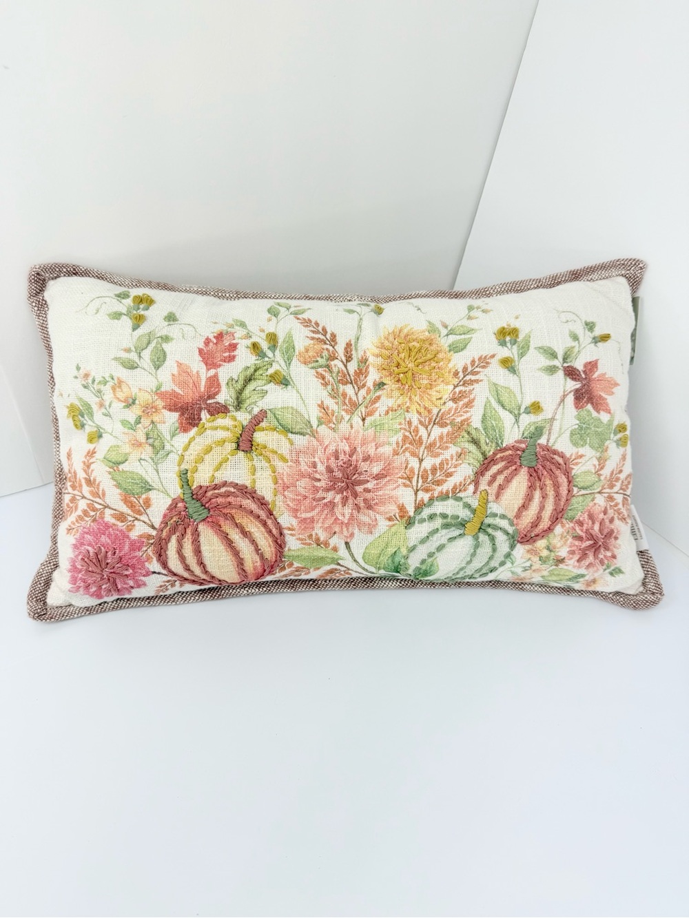 Lillian by Lillian August Cream Green Orange Pumpkin Floral Autumn Accent Pillow